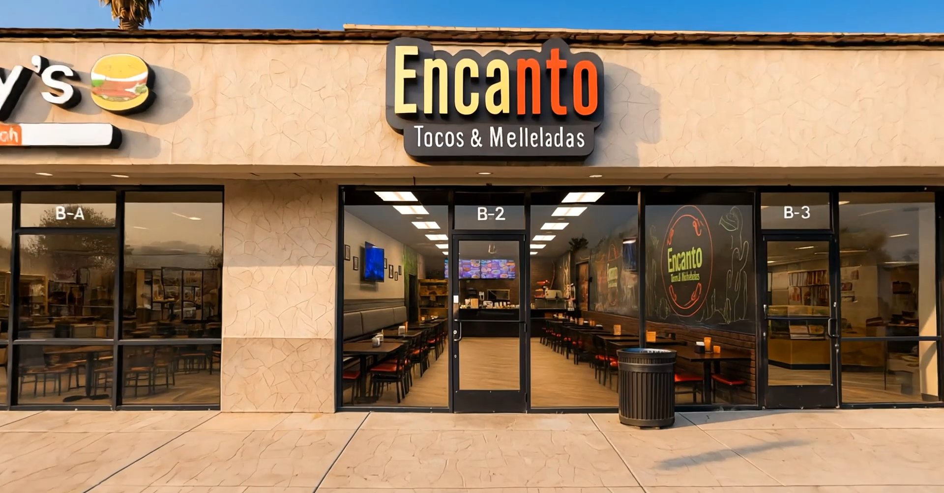 Encanto Tacos & Micheladas storefront with its lit sign, the open glass doors showing the dining room inside